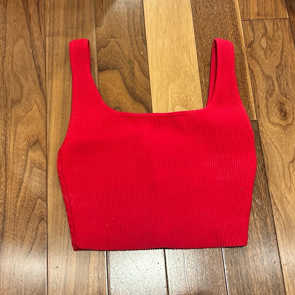 Babaton Bright Red Ribbed Square-Neck Crop Top